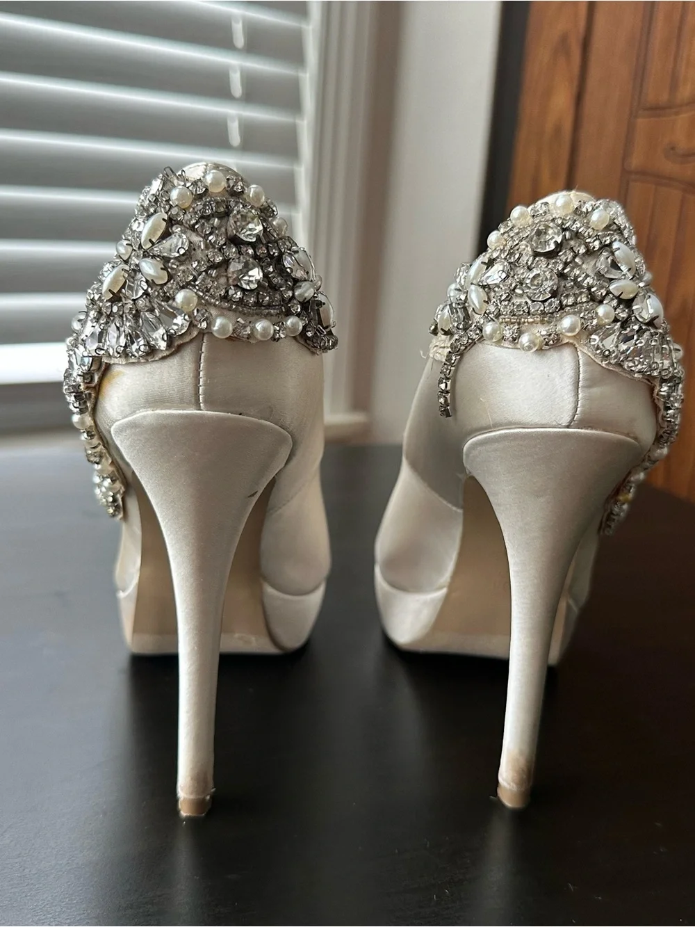 Paradox London Pink Satin Ivory Peep-Toe Platform Heels with Crystal Trim
